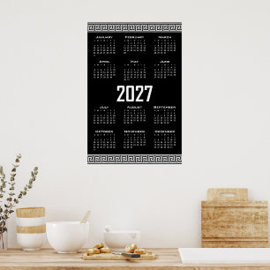2027 Calendar, Greek Fret, White on Black Poster