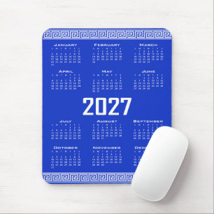 2027 Calendar, Greek Fret, White on Greek Blue Mouse Pad