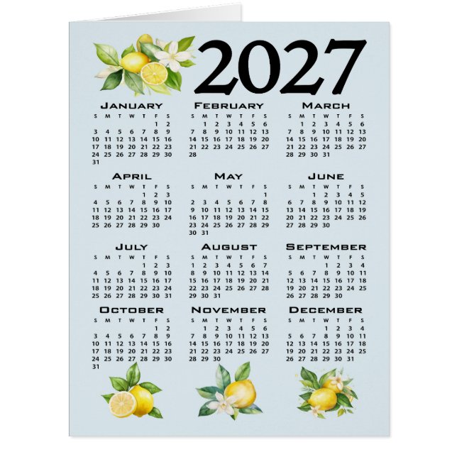 2027 Calendar Italian Style Lemons Blue Background (Front)