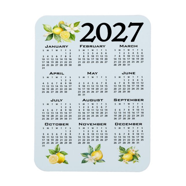 2027 Calendar Italian Style Lemons Blue Background Magnet (Vertical)