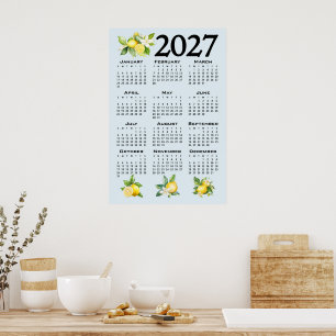 2027 Calendar Italian Style Lemons Blue Background Poster