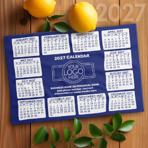 2027 Calendar - logo, business contact - blue Tea Towel