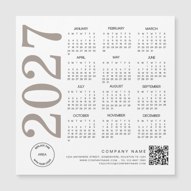 2027 Calendar Logo QR Code Neutral Taupe Business (Front)