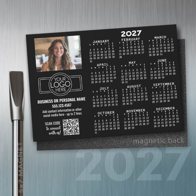 2027 Calendar MAGNET - logo, QR Code, Photo BLACK (2027 Calendar on a magnet)