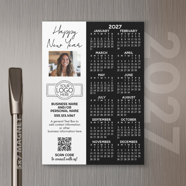 2027 Calendar MAGNET - logo, QR Code, Photo Plus (2027 Calendar Magnet for Business Promotion)