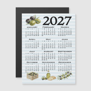 2027 Calendar, Mediterranean Olives, Blue Stripes Magnetic Invitation