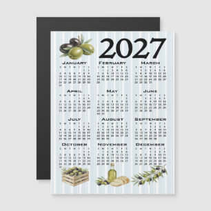 2027 Calendar, Mediterranean Olives, Blue Stripes Magnetic Invitation