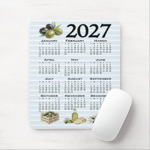 2027 Calendar, Mediterranean Olives, Blue Stripes Mouse Pad