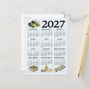 2027 Calendar, Mediterranean Olives, Blue Stripes Postcard