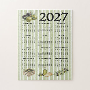2027 Calendar, Mediterranean Olives, Green Stripes Jigsaw Puzzle