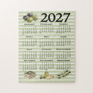 2027 Calendar, Mediterranean Olives, Green Stripes Jigsaw Puzzle
