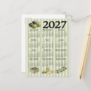 2027 Calendar, Mediterranean Olives, Green Stripes Postcard