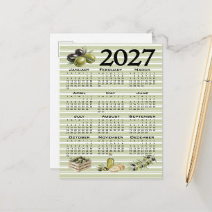 2027 Calendar, Mediterranean Olives, Green Stripes Postcard