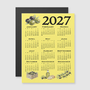2027 Calendar, Mediterranean Olives. Yellow Magnetic Invitation