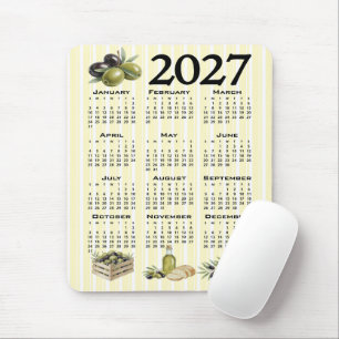 2027 Calendar, Mediterranean Olives Yellow Stripes Mouse Pad