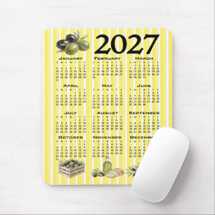 2027 Calendar, Mediterranean Olives Yellow Stripes Mouse Pad