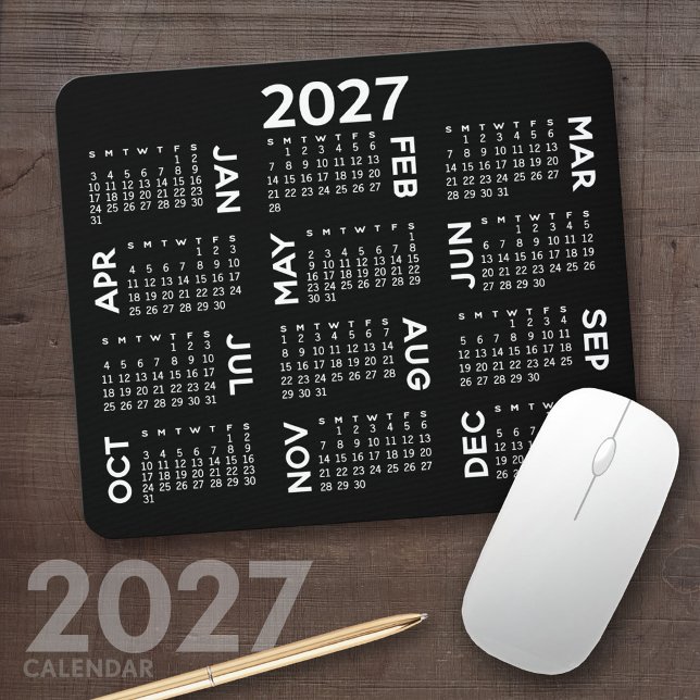 2027 Calendar - modern black and white simple Mouse Pad (2027 Calendar Mousepad)