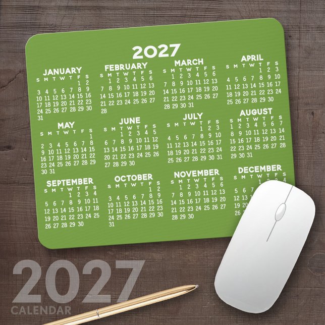 2027 Calendar - modern green and white simple Mouse Pad (2027 Calendar Mousepad)