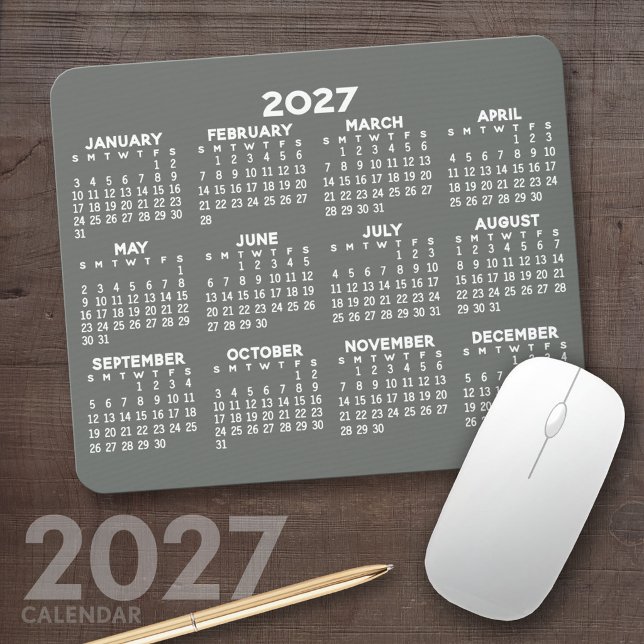 2027 Calendar - modern grey and white simple Mouse Pad (2027 Calendar Mousepad)