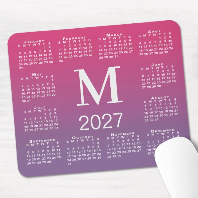 2027 Calendar Monogram Pink to Purple Gradient Mouse Pad (2027 Calendar Monogram Pink to Purple Gradient Mouse Pad in situ)