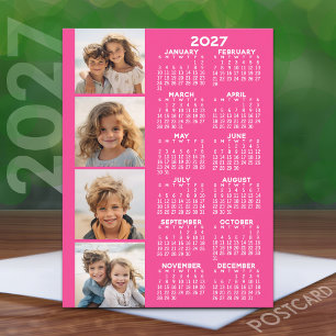 2027 Calendar Pink with 4 Photo Collage Postcard