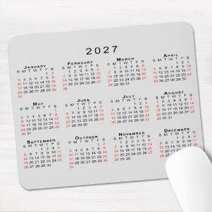 2027 Calendar Simple Grey Black Red Mouse Pad