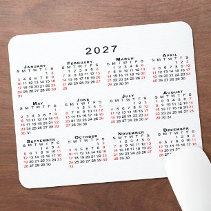 2027 Calendar Simple White Black Red Mouse Pad