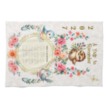 2027 Calendar Towel Cute Folk Floral Birds