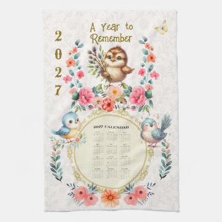 2027 Calendar Towel Cute Folk Floral Birds