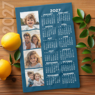 2027 Calendar with 4 Photo Collage Blue Tea Towel