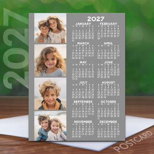 2027 Calendar with 4 Photo Collage - Grey Postcard