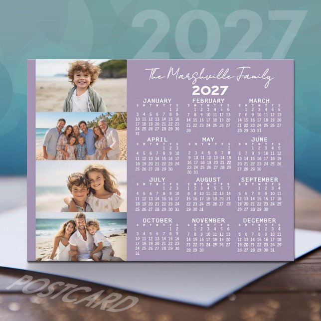 2027 Calendar with 4 Photos and Script Text Holiday Postcard (2027 Calendar with 4 Photos)