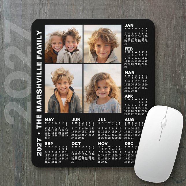 2027 Calendar with 4 Photos - Black Mouse Pad (2027 Calendar on a mousepad - add your photos)