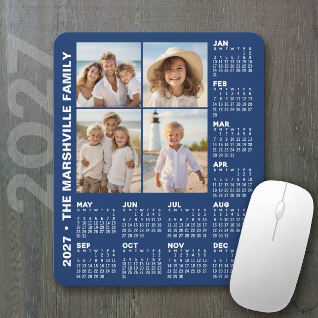 2027 Calendar with 4 Photos - Blue Mouse Pad (2027 Calendar on a mousepad - add your photos)