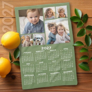 2027 Calendar with 6 Photo Collage - Sage Green Tea Towel