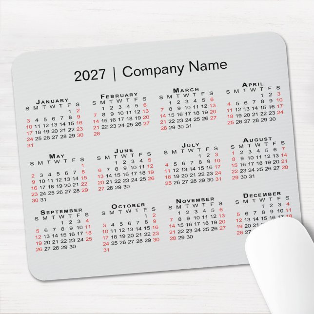 2027 Calendar with Company Name Light Grey Mouse Pad (2027 Calendar with Company Name Light Grey Mouse Pad in situ)