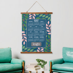 2027 Calendar with Logo - Botanical Blue Peach Hanging Tapestry