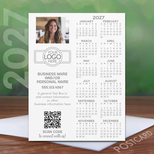 2027 Calendar with logo, QR Code, Photo and More Postcard (2027 calendar on a postcard)