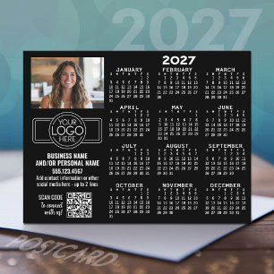 2027 Calendar with logo, QR Code, Photo BLACK Postcard