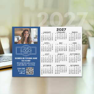 2027 Calendar with logo, QR Code, Photo BLUE Holiday Card