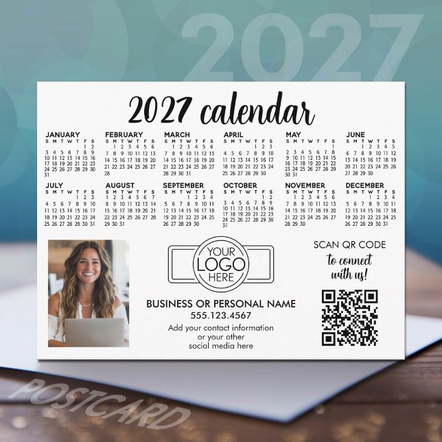2027 Calendar with logo, QR Code, Photo White Postcard (2027 Calendar Postcard)