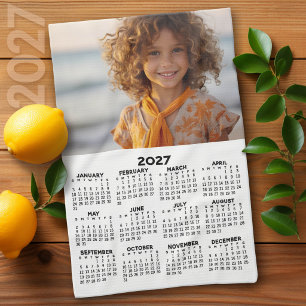 2027 Calendar with Photo - Year View - Black White Tea Towel