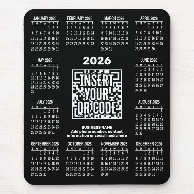 2027 Calendar with QR Code Contact Info Black Mouse Pad (Front)