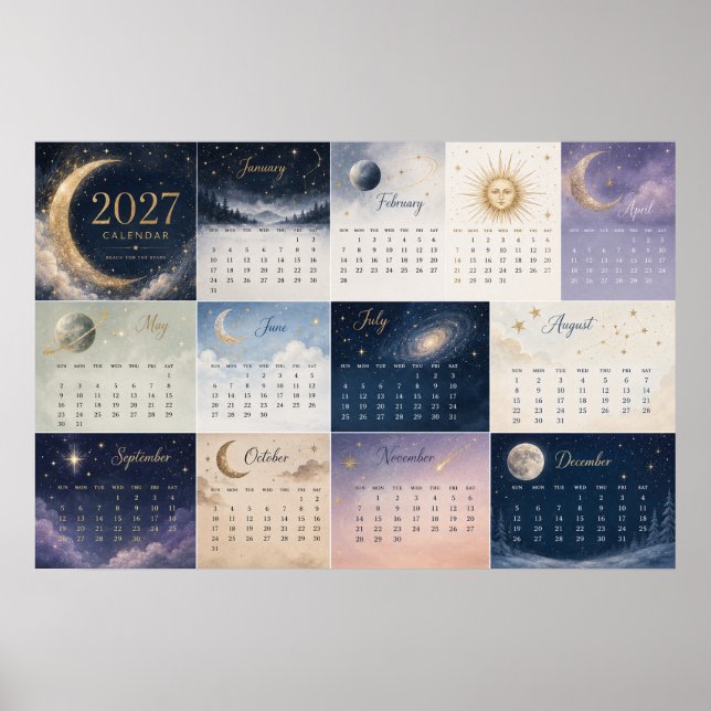 2027 Celestial Sun & Moon Wall Calendar Poster (Front)