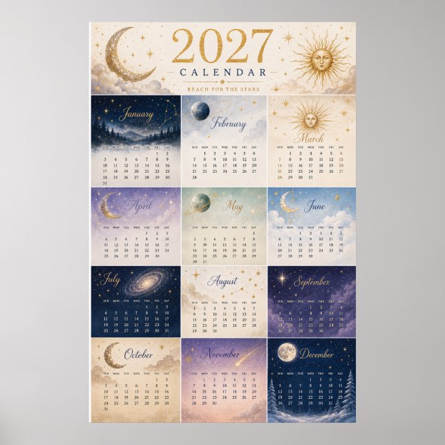 2027 Celestial Sun & Moon Wall Calendar Poster (Front)