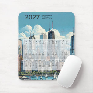 2027 Chicago Skyline Architecture Blue Calendar Mouse Pad