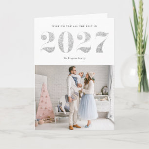 2027 Faux Silver Glitter Modern Happy New Year Holiday Card