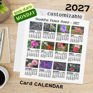 2027 Flower Calendar white Monday Week flat Card