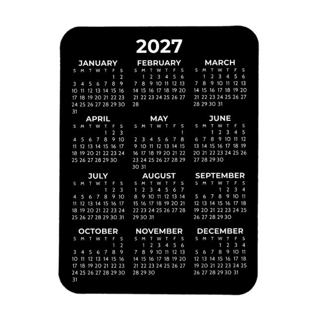 2027 Full Year Calendar Basic Minimal Mini Black  Magnet (Vertical)
