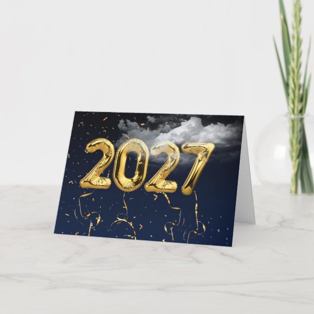 2027 Gold Foil Balloons in Clouds Card (Front)